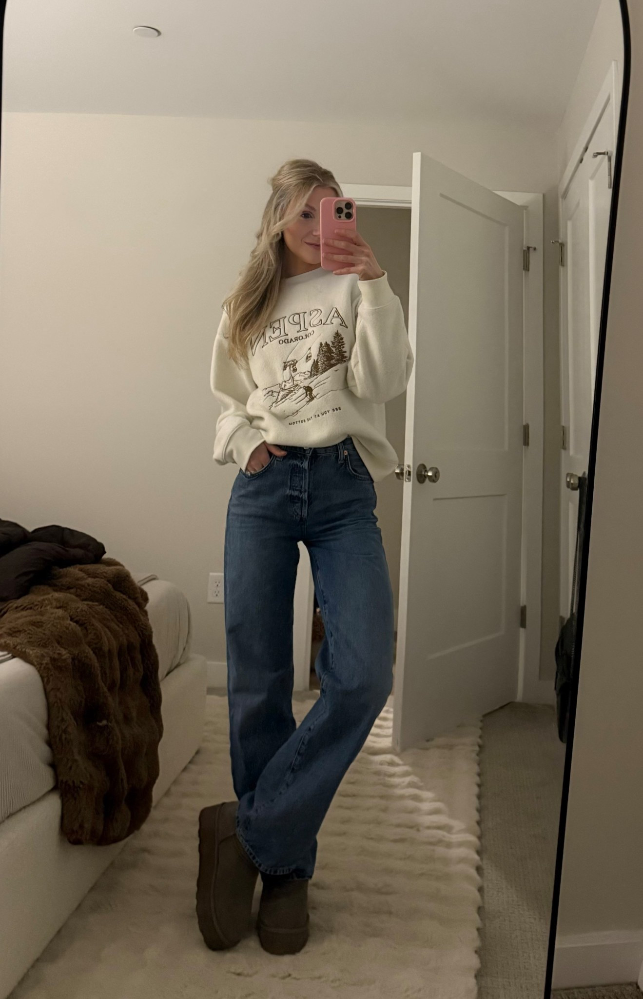 Sweater - Wearing size S 
Jeans - I recommend sizing down! I always wear a 24 but wearing a size 23 in these (citizens of humanity)
Boots are on sale!