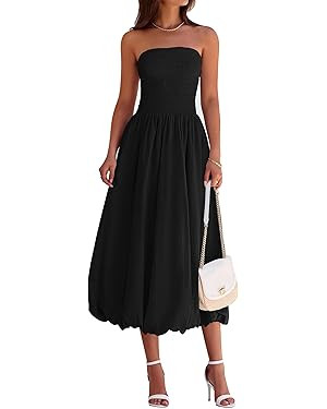 PRETTYGARDEN Women's 2025 Summer Strapless Tube Midi Dress Smocked A Line Bubble Long Flowy Casua... | Amazon (US)