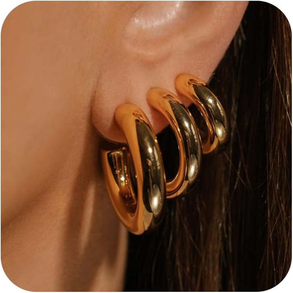 3 Pairs Chunky Gold/Silver Hoop Earrings Sets for Women 14k Gold Plated Dainty Hypoallergenic Lig... | Amazon (US)
