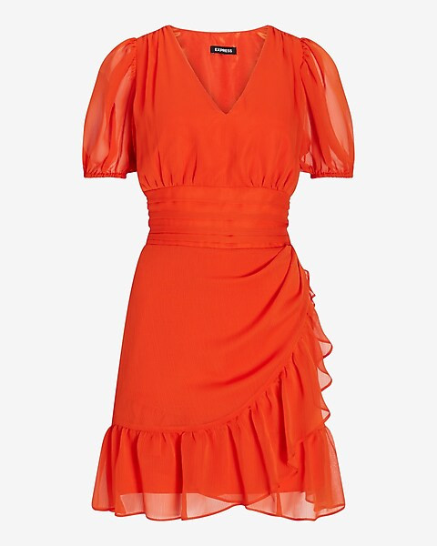 Ruffle Wrap Puff Sleeve Dress | Express