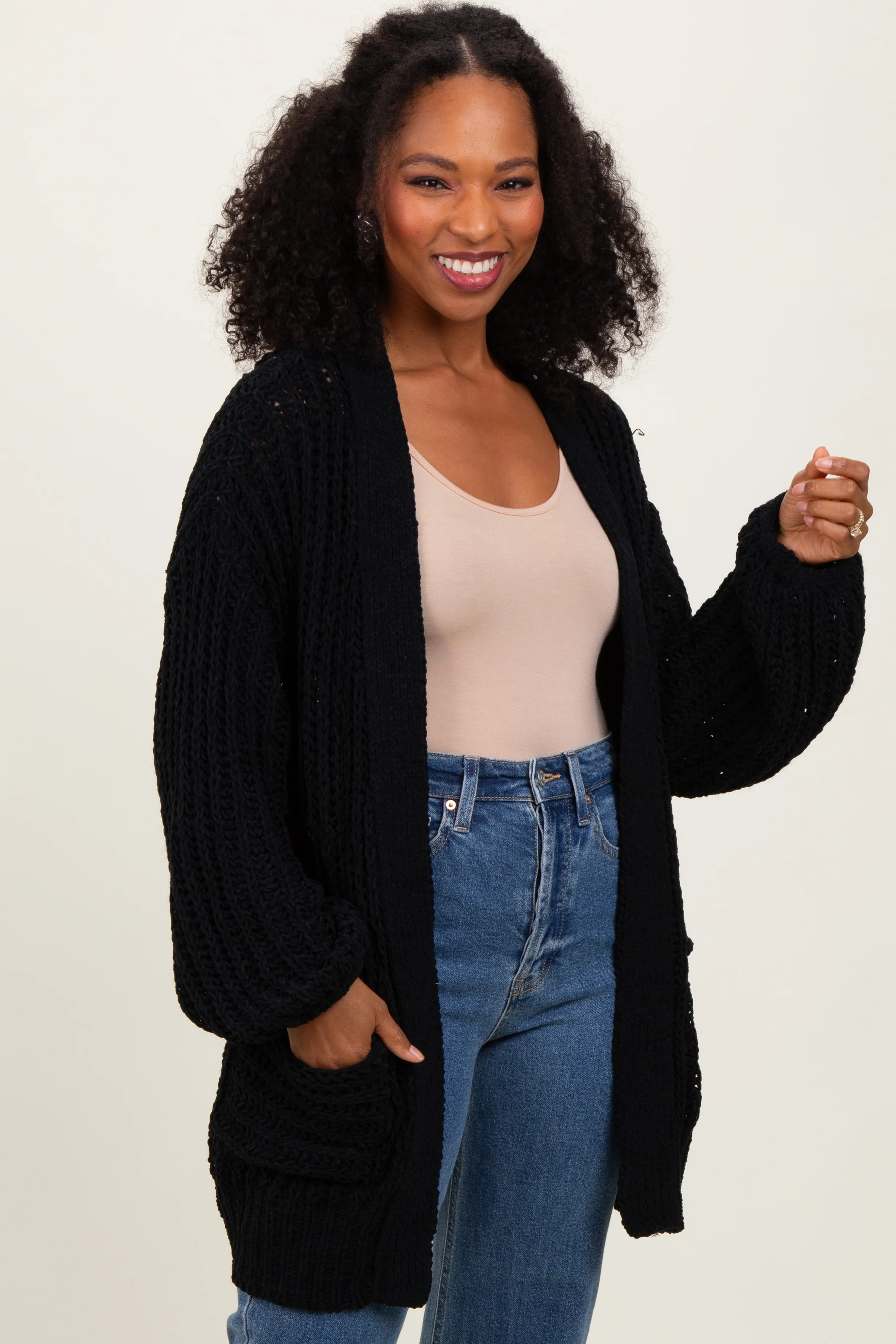 Black Chunky Knit Oversized Pocket Cardigan | PinkBlush Maternity