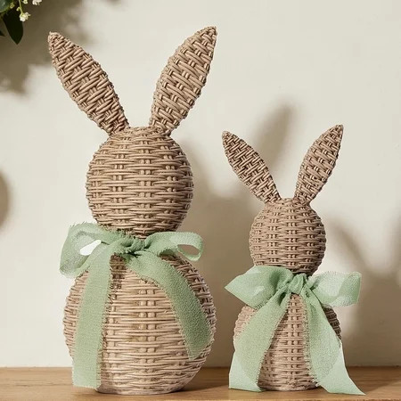 Satmonnus Rattan Effect Resin Bunnies with Light Green Bow 2-Pcs Large & Small, Easter Decorations Bunny Figurines Set, Farmhouse Spring Table Centerpiece Decor for Home Wedding Gift | Walmart (US)