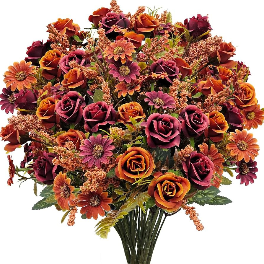 Fall Flowers Artificial for Decoration, 6 Bundles Fake Fall Flowers Faux Rose with Artificial Mum... | Amazon (US)