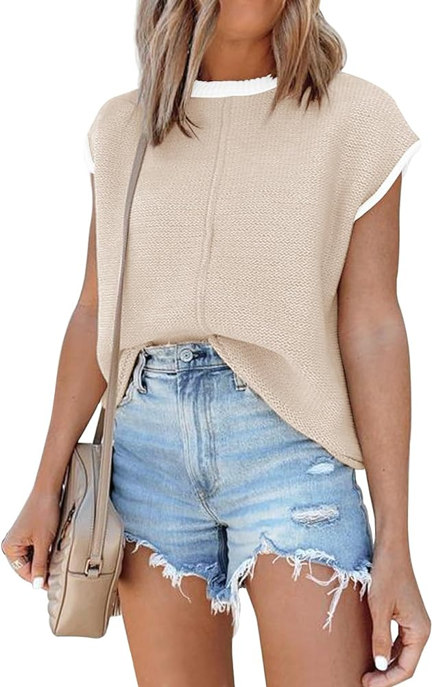 Womens Summer Cap Sleeve Tops Sleeveless Sweater Vest Casual Loose Fit Striped Knit Lightweight P... | Amazon (US)