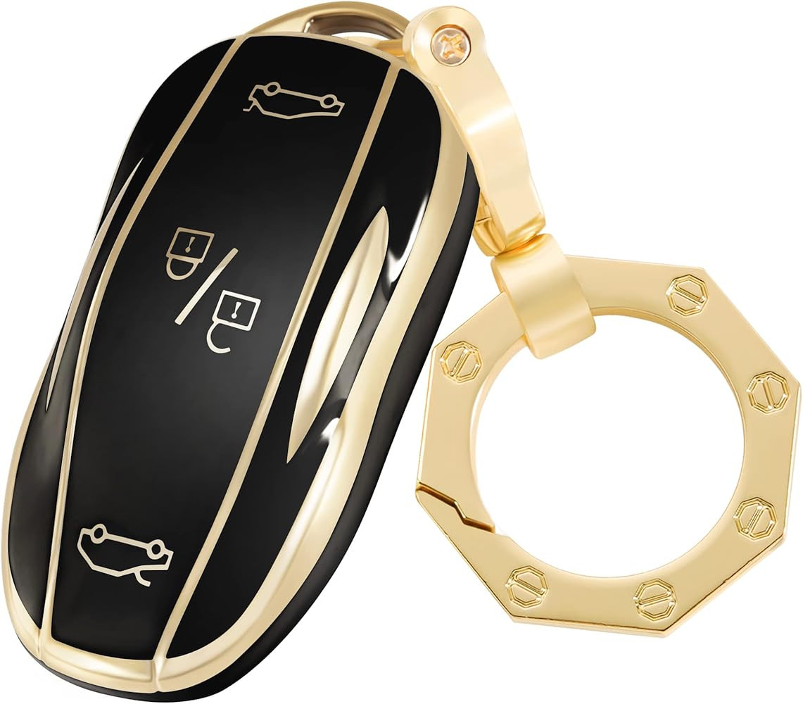 for Tesla Key Fob Cover Car Key Case Shell with Gold Key chain fit Tesla Model-Y Model-3 | Amazon (US)