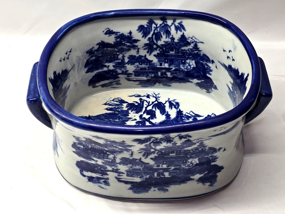 Vintage Victoria Ware Ironstone Footbath Planter Jardinière Blue White 11" | eBay US