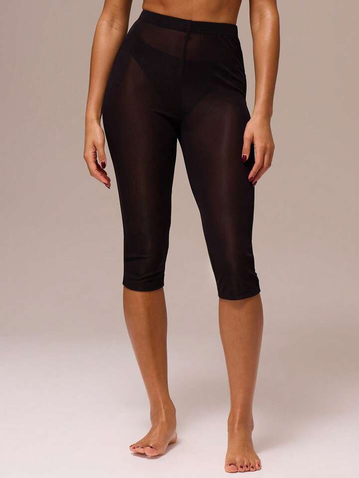 MUSERA ESSENTIALS Fitted Elasticated Waist Sheer Mesh Capri Trouser Spring Night Out Sexy Cute Mesh Fitted Essential | SHEIN