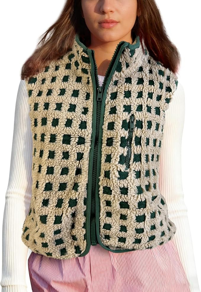 Womens Checkered Sherpa Vest Sleeveless Winter Fleece Jacket High Neck Zip Up Plaid Gilet with Ch... | Amazon (US)