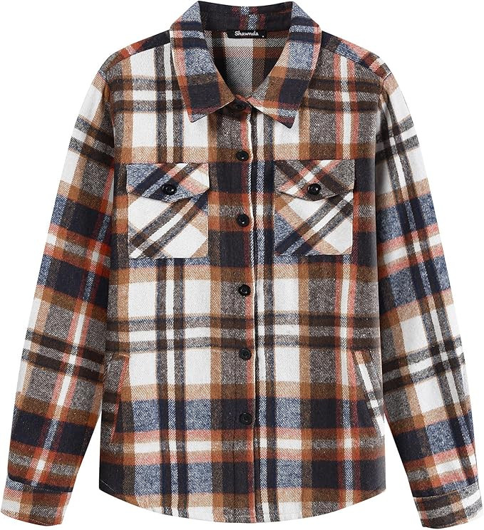 Shawnda Women's Brushed Flannel Shirt Jacket Shacket Long Sleeve Cotton Button Down Plaid Jacket ... | Amazon (US)