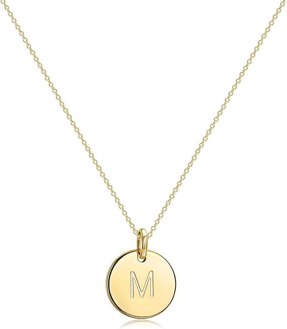 Befettly Initial Necklace,14K Gold-Plated Children Necklace Round Disc Double Side Engraved Hammered | Amazon (US)