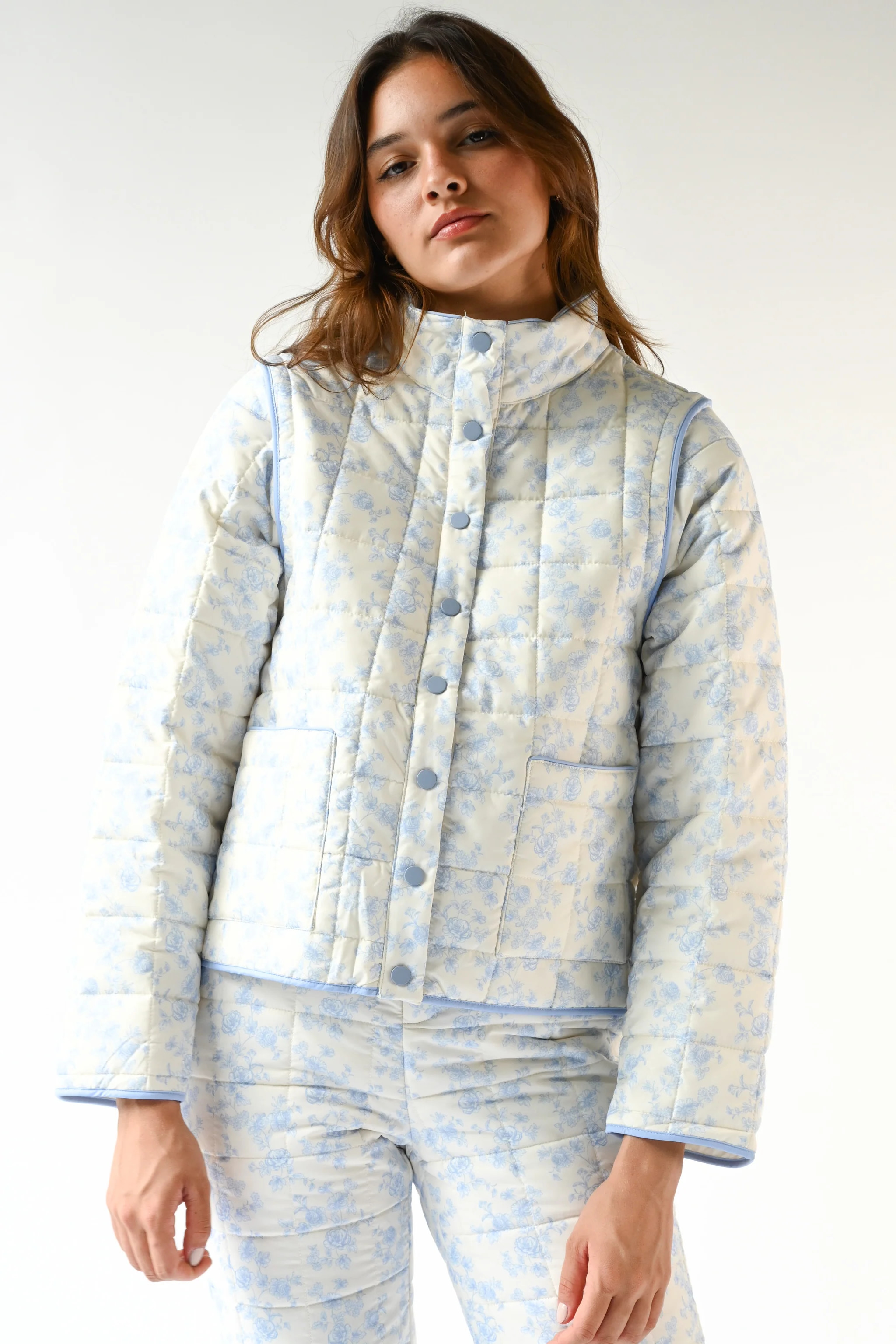 Amelia Quilted Convertible Jacket — Blue Toile | Yellow The Label