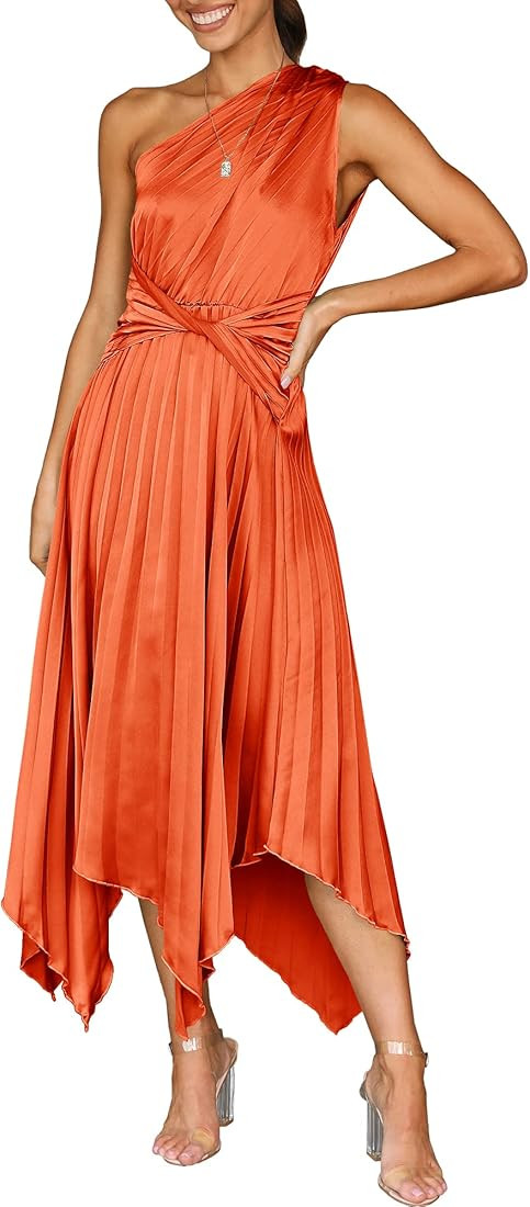 ANRABESS Women's Summer One Shoulder Midi Dress Sleeveless Twist Pleated Asymmetric Satin Cocktai... | Amazon (US)