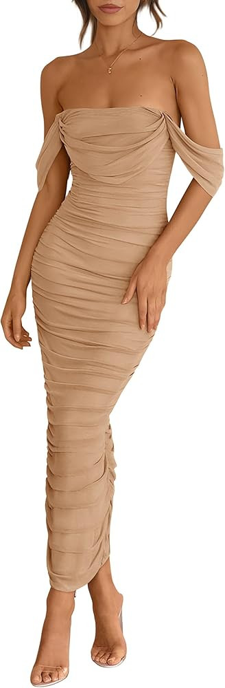 PRETTYGARDEN Womens 2025 Summer Off The Shoulder Dress Ruched Bodycon Sleeveless Split Cocktail P... | Amazon (US)