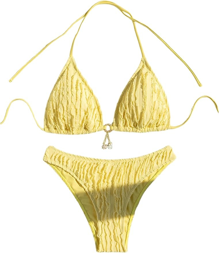 SHENHE Women's Two Piece Bikini Set Tie Back Textured Cheeky Halter Swimsuits Swimwear | Amazon (US)