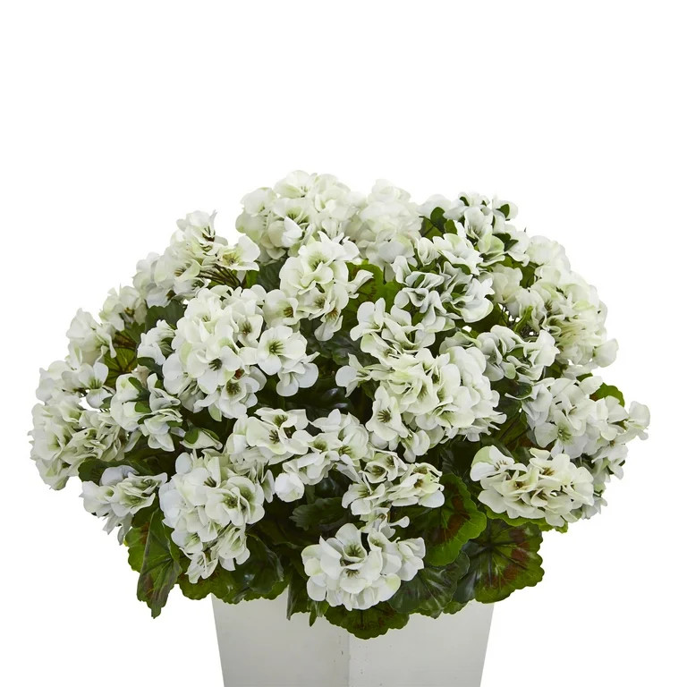 Nearly Natural Plastic 27" Geranium Artificial Plant in White Planter | Walmart (US)