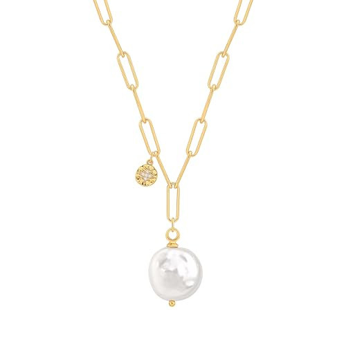 CANEVINKA 18K Gold Plated Coin Pearl Pendant Necklace for Women Adjustable Shell Pearl Chain Minimalist Dainty Jewelry, Handmade Vintage Style Layering Necklace | Amazon (US)