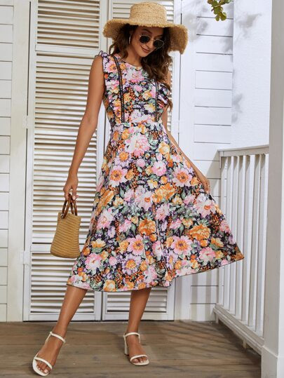 Allover Floral Print Ruffle Trim Tie Backless A-line Dress | SHEIN