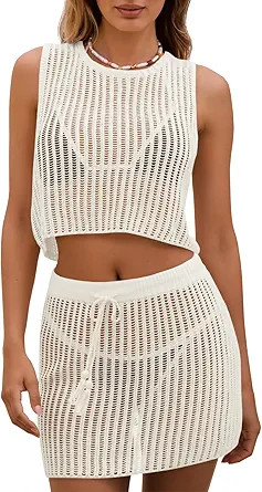 Fisoew Womens 2 Piece Crochet Sets Sleeveless Crop Tops Cover Up Beach Mini Skirt Outfits Vacatio... | Amazon (US)