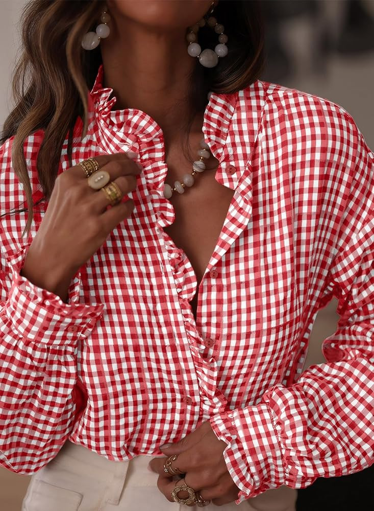 Astylish Womens Plaid Ruffle V Neck Button Down Blouse Casual Long Sleeve Gingham Trendy Tops Wor... | Amazon (US)