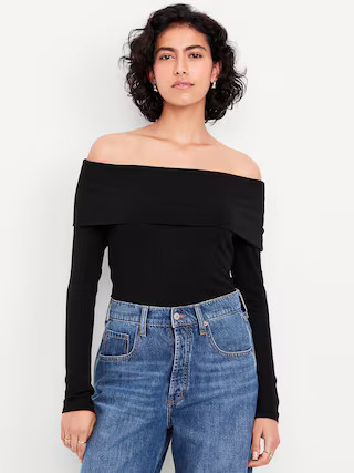 Off-Shoulder Long-Sleeve Ribbed Top | Old Navy (US)