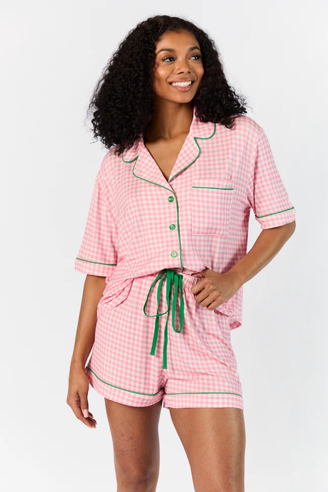 Good To Get Away Pink Gingham Short Sleeve Pajama Top FINAL SALE | Pink Lily