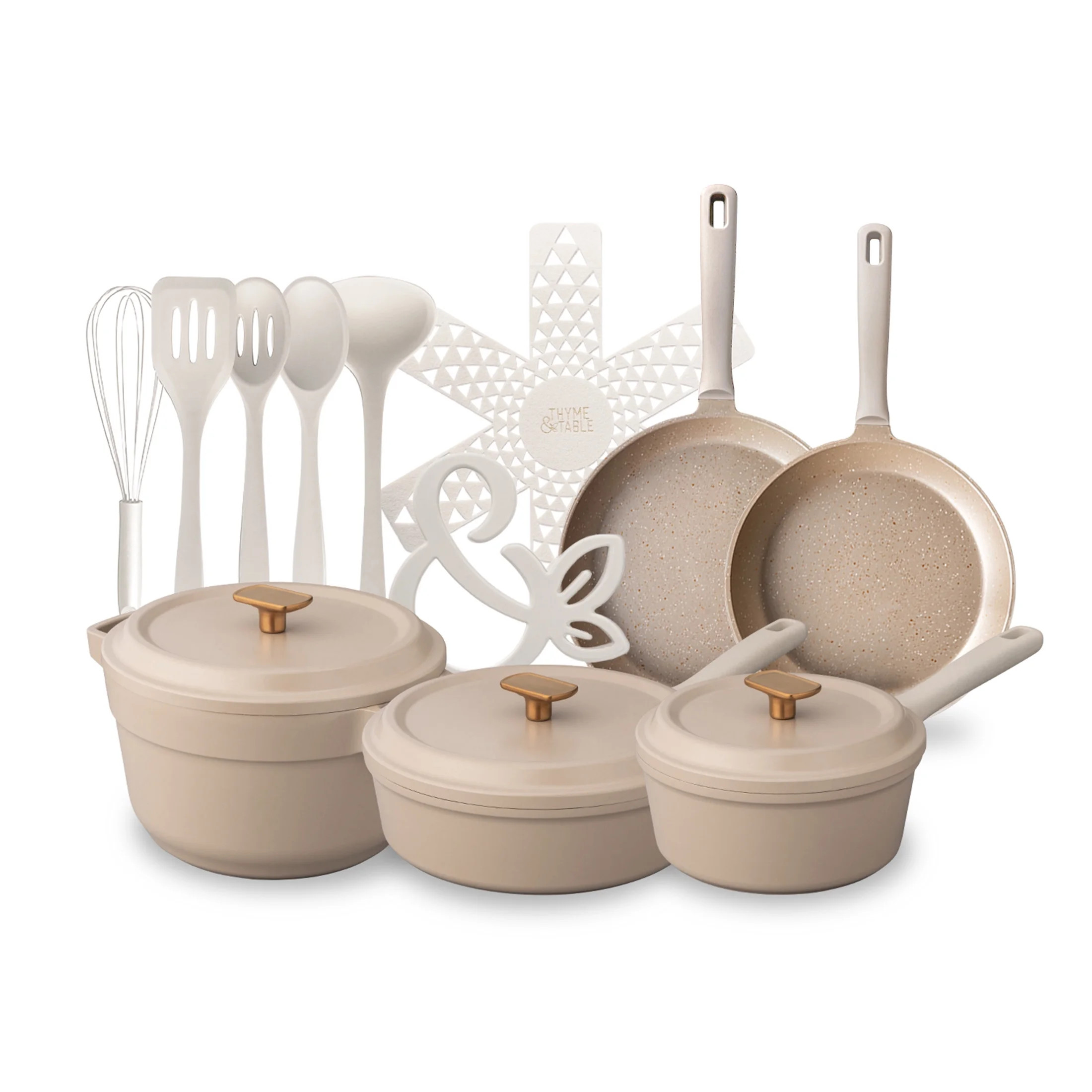 Thyme & Table Diecast 18-Piece Cookware & Silicone Utensil Set Non-Stick - Cream | Walmart (US)