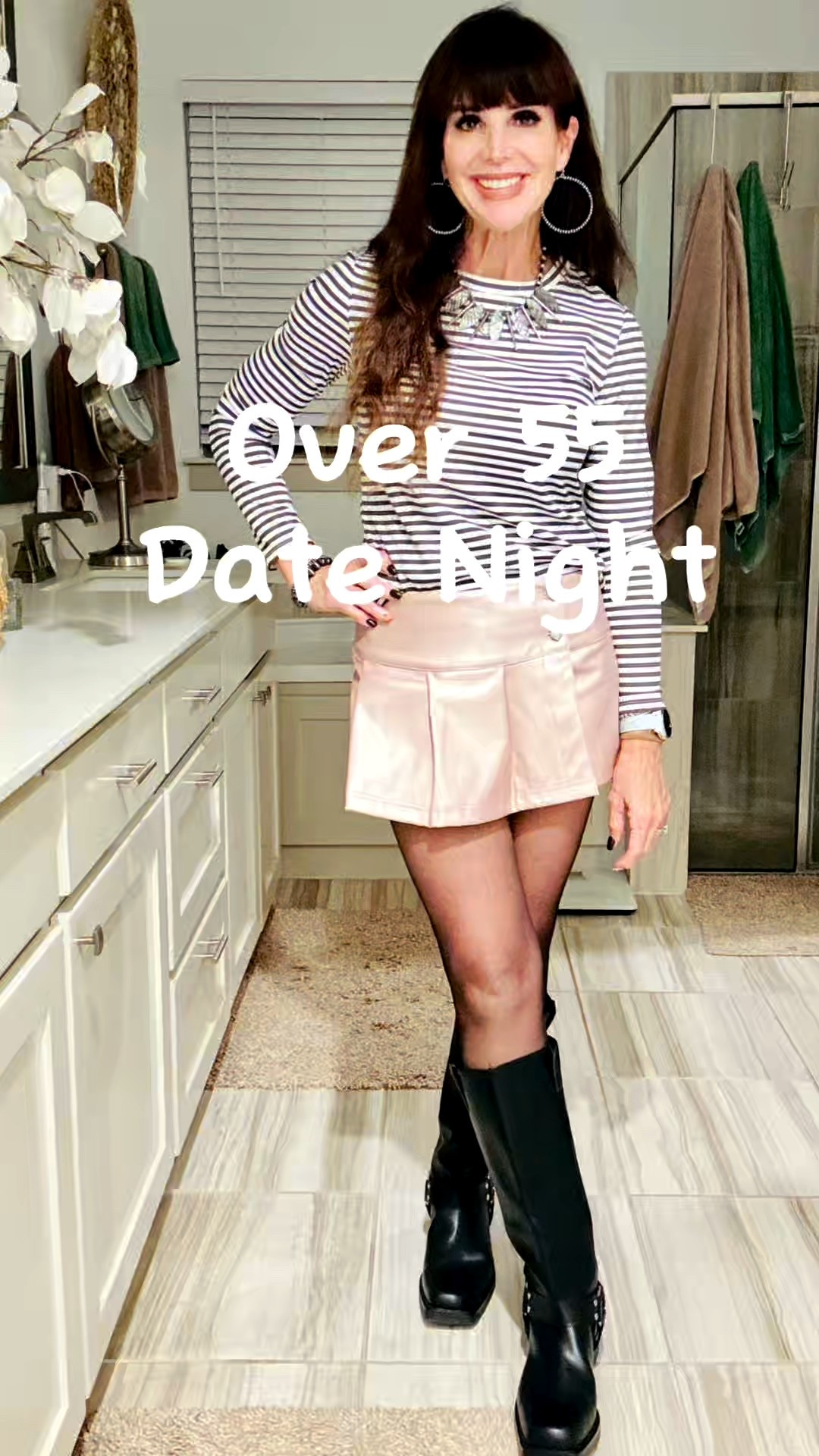 A date night with my hubby called for a cute little mini skort, tall biker boots and a cute striped tee, all from @walmart !!  My necklace is my own one of a kind design, and earrings are Western Gold. 

#LTKStyleTip #LTKShoeCrush #LTKOver40