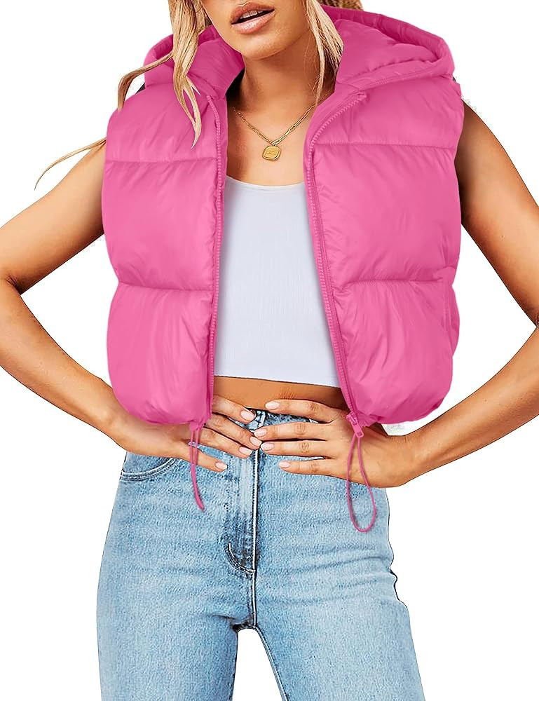 FMEYOA Women's Puffer Vest Sleeveless Winter Cropped Hoodie Zip Up Jacket Coat Lightweight Down w... | Amazon (US)