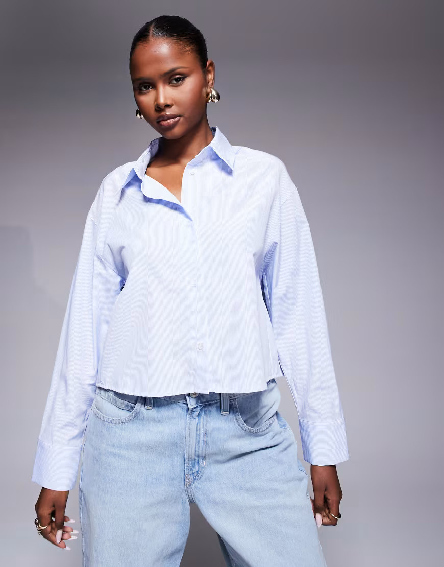 ASOS DESIGN pleat back cropped shirt in stripe-Blue | ASOS (Global)