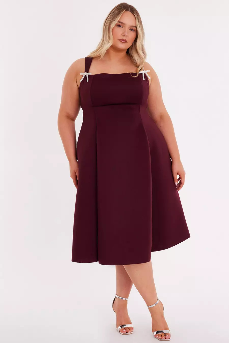 Home/Curve Burgundy Diamante Bow Midi Dress | Quiz Clothing