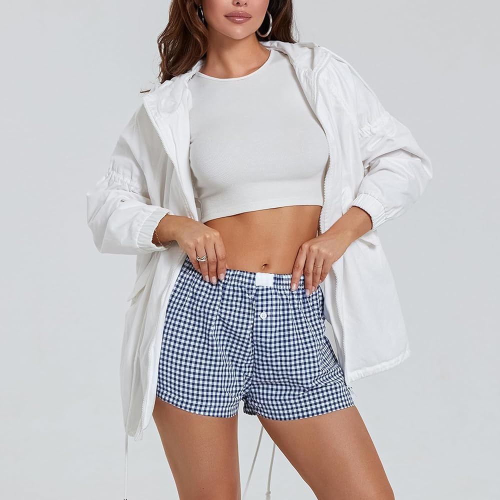 Women Gingham Boxer Shorts Y2k Cute Stripes Plaid Button Elastic Waist Lounge Boxers | Amazon (US)