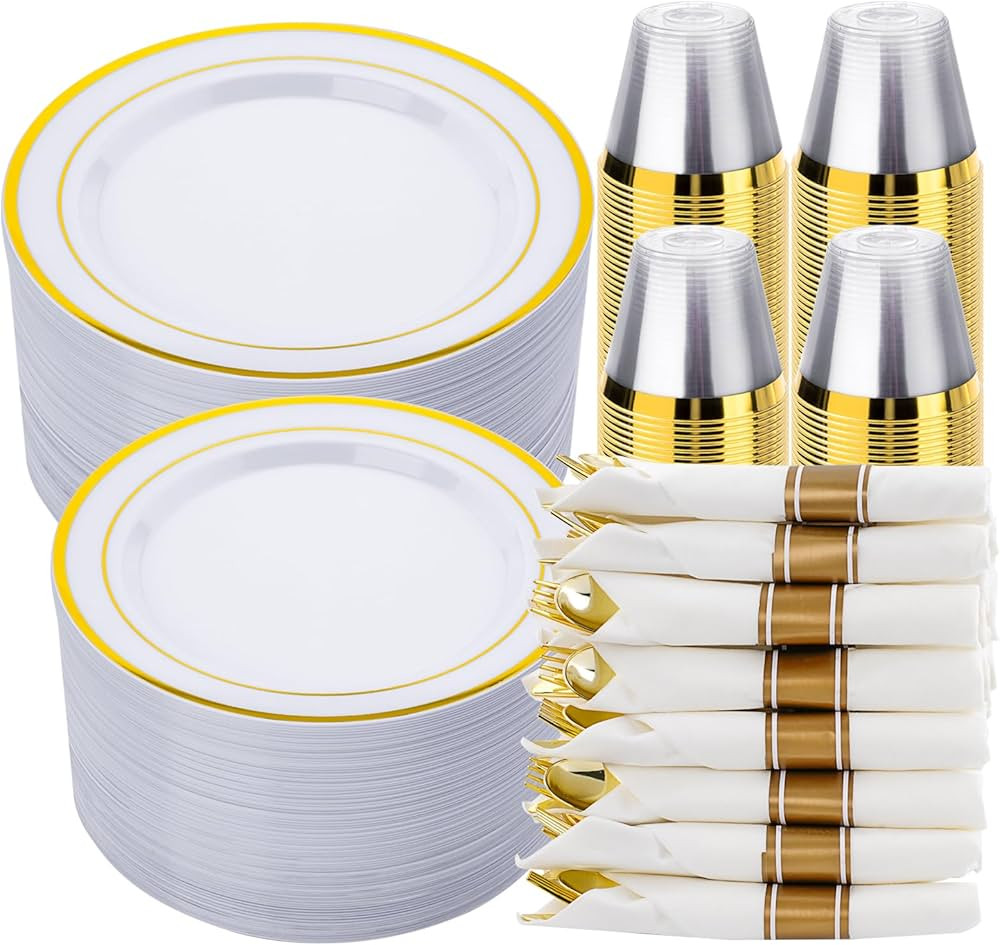 350 PCS White and Gold Plastic Dinnerware Set for 50 Guests, 100 New Years Eve Plates Disposable,... | Amazon (US)