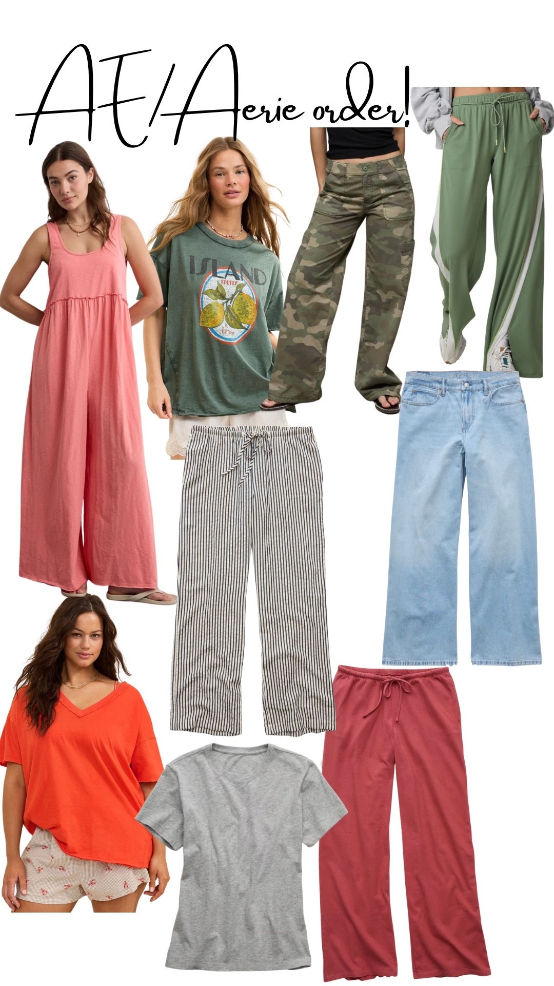 It’s 30-50% off most everything at Aerie & American Eagle!  Placed in order because I’m looking for all the comfy, perimenopause/menopause friendly pieces! 
Here’s what I ordered:
Large jumpsuit. Large oversized graphic tee. Size 16 regular camo pants. Large short track pants. XL wide leg easy pants. Medium oversized v neck tee. Size 16 regular low rise baggy jeans. XL baby tee to layer under the jumpsuit. XL everyday tee. Large mid rise everyday pants!

#LTKSaleAlert #LTKMidsize #LTKOver40