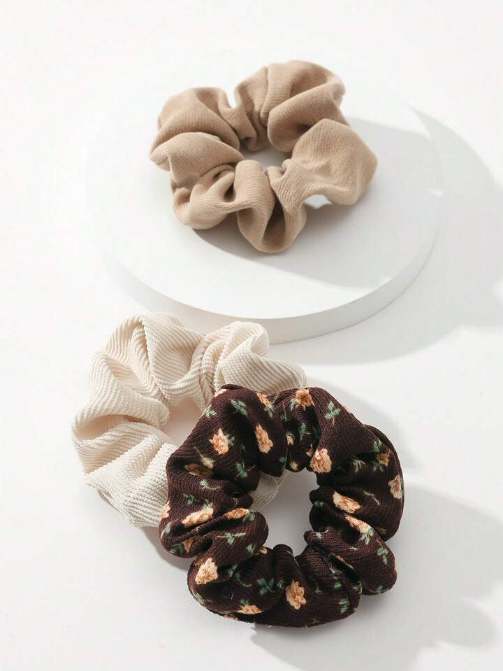 3pcs/Set Women's Floral Printed Corduroy Scrunchies Casual | SHEIN