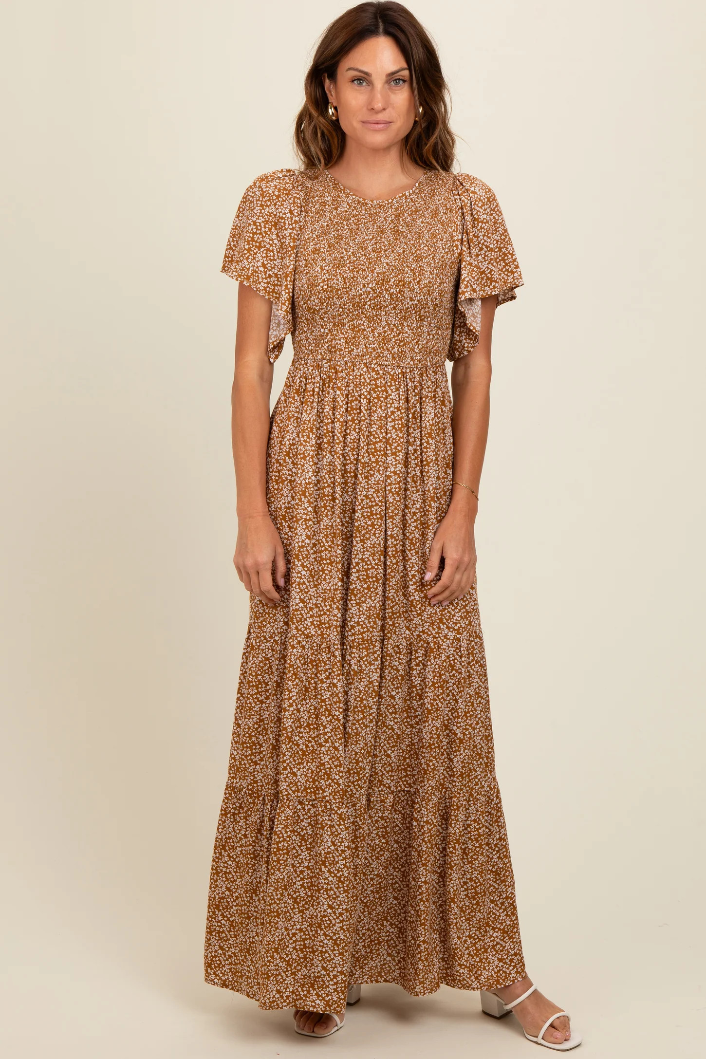 Camel Floral Smocked Flutter Sleeve Maxi Dress | PinkBlush Maternity