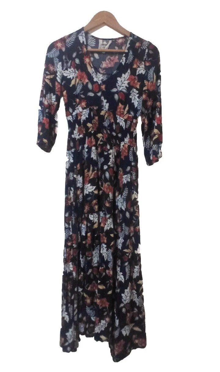 Jaase Dress Size XS Celine Autumn Leaf Print Boho Empire Waist Half Sleeve Maxi | eBay AU