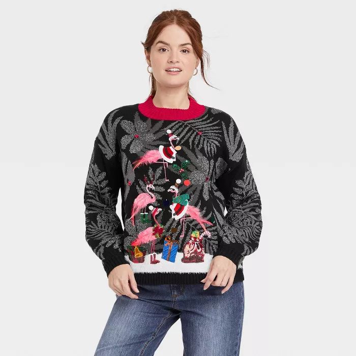 Women's Ugly Christmas Flamingo Tree Graphic Pullover Sweater - Black | Target