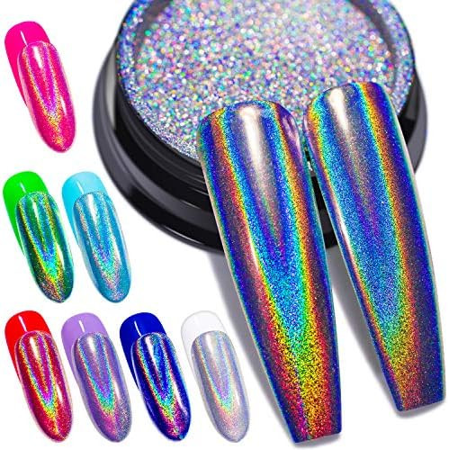 Holographic Nail Powder Fine Rainbow Holo Unicorn Mirror Laser Effect Multi Chrome Manicure Pigment  | Amazon (US)