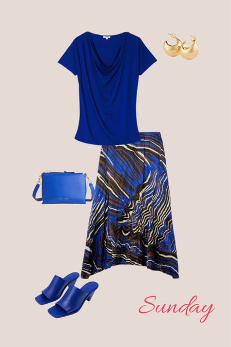 Silk abstract print skirt, smart casual outfit with bright blue accessories 

#LTKeurope #LTKstyletip #LTKSeasonal