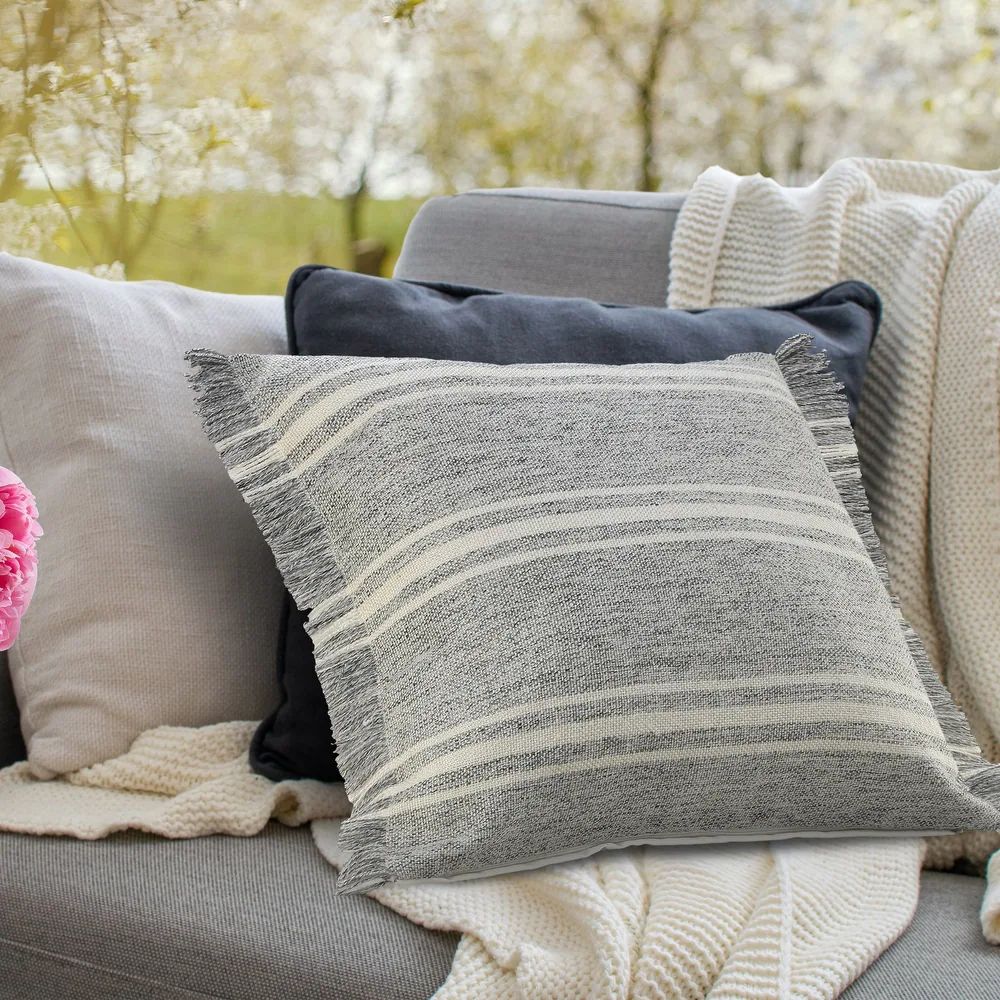 Farmhouse Triple Stripe Throw Pillow with Fringe (Polyester - Single - 24" x 24" - Indoor/Outdoor/Ou | Bed Bath & Beyond