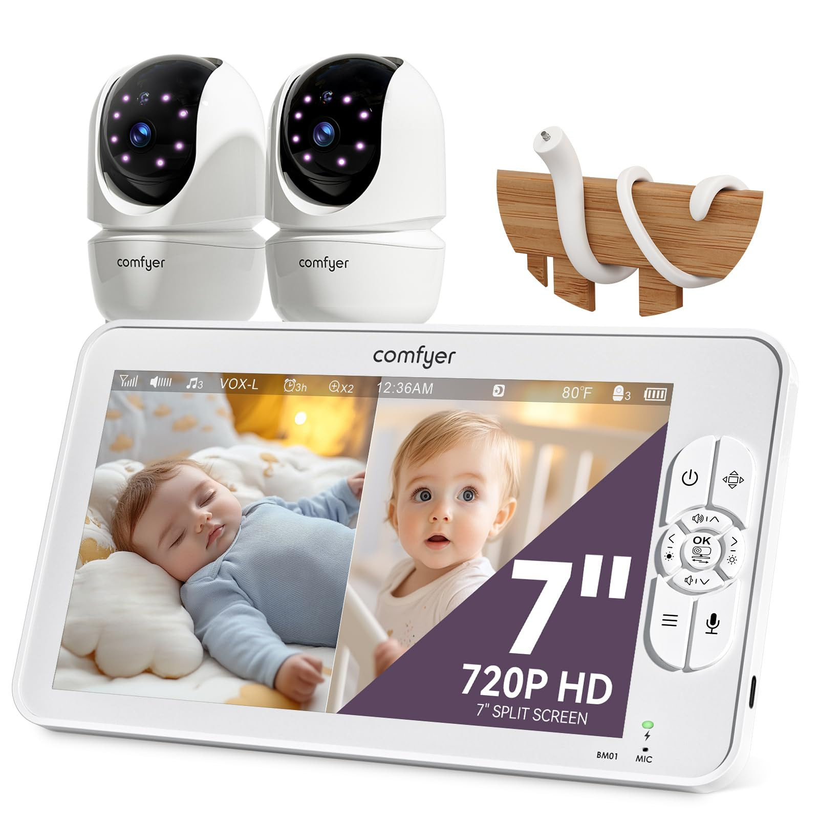 Comfyer BM01 7" HD Split-Screen Baby Monitor with 2 1080P Cameras, 48 Hrs 6000mAh Battery Runs 2 Days in VOX Mode, No WiFi Monitor with a Flexible Bracket, 2 Way Audio, Remote PTZ, Auto Night Vision | Amazon (US)