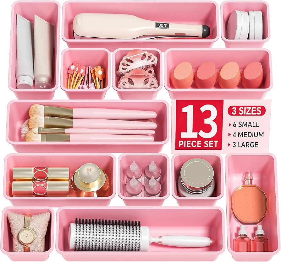 Canfanni 13 Pack Plastic Drawer Organizers Set, 3 Sizes Desk Drawer Organizer Trays for Vanity an... | Amazon (US)