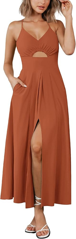BTFBM Women 2026 Spaghetti Strap Midi Summer Dresses Sleeveless V Neck Cutout Slit Casual Beach P... | Amazon (US)