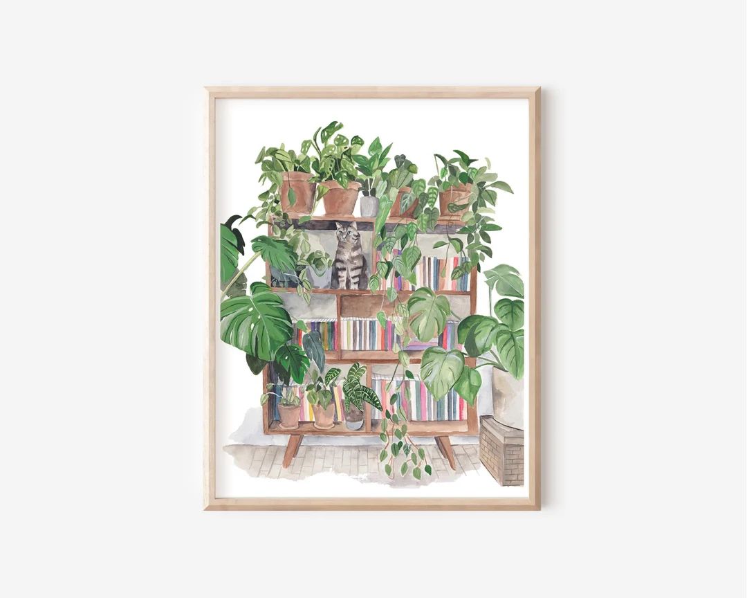 Cat And Plants Print - Bookshelf Print - House Plants Art - Potted Plants Print - Botanical Libra... | Etsy (US)