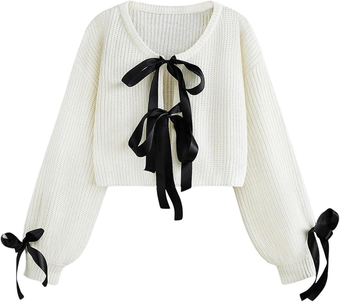 Verdusa Women's Bow Tie Cropped Cardigan Knot Long Sleeve Knit Cute Cream Cardigan Sweaters Trend... | Amazon (US)
