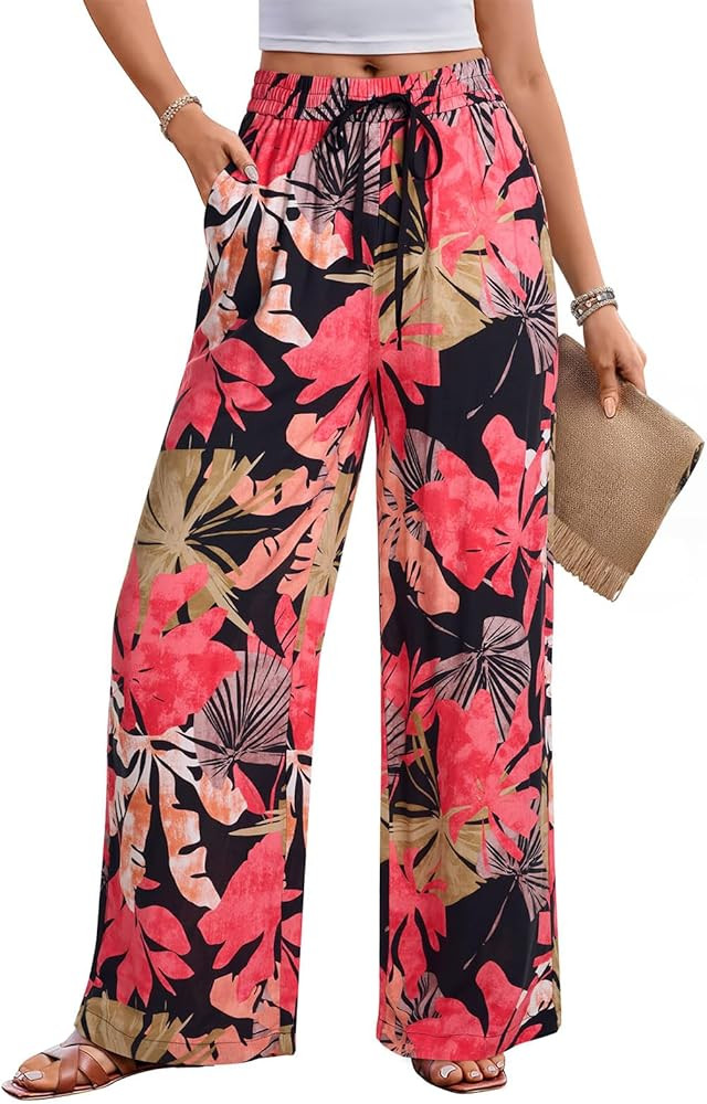 NIMIN Women Wide Leg Palazzo Pants High Waisted Casual Flowy Lounge Pants Floral Solid Beach Trou... | Amazon (US)