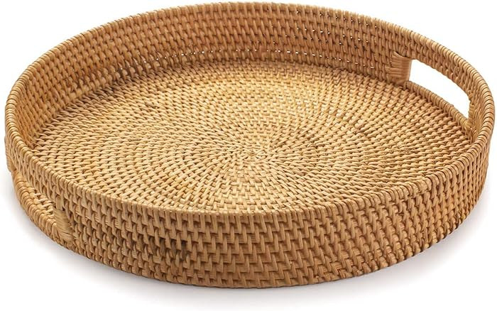 Rattan Round Serving Tray, Decorative Coffee Table Tray, Ottoman Hand Woven Serving Basket with H... | Amazon (US)