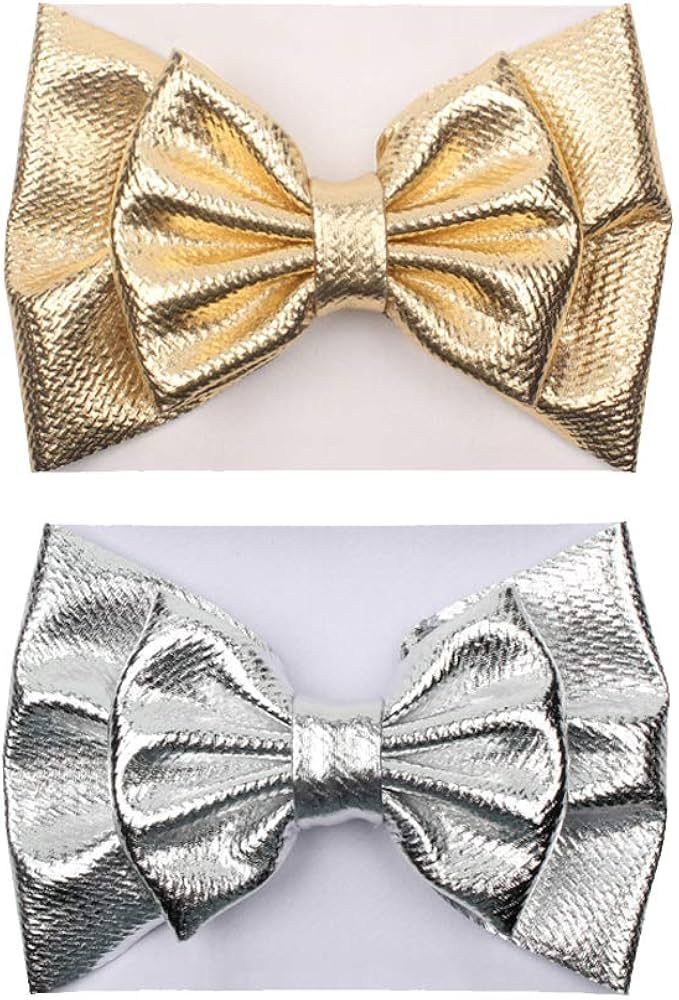 YanJie Metallic Gold and Silver 5" Baby Large Messy Bows Headwrap Stretch Bronzing Top Knot Turba... | Amazon (US)