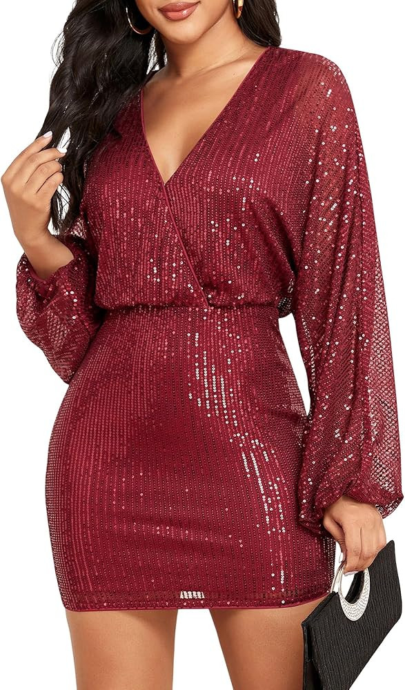 ZAFUL Women's Sequin Saprkly Mini Dress Long Sleeve Homecoming V Neck Bodycon Dress Party Prom Co... | Amazon (US)