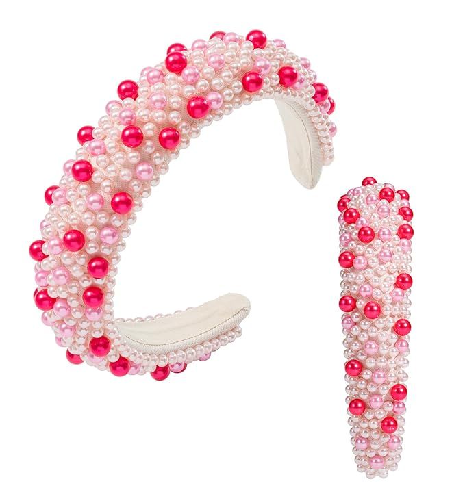 Mixcbe Valentine’s Day Pearl Headband for Women Fashion Hot Pink Pearl Jeweled Padded Headband ... | Amazon (US)